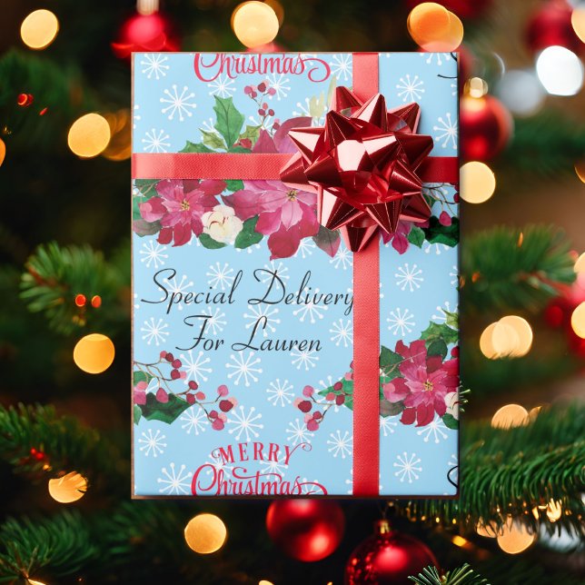 Papier Cadeau Personnaliser Nom Poinsettia Snowflakes Noël W (Créateur téléchargé)