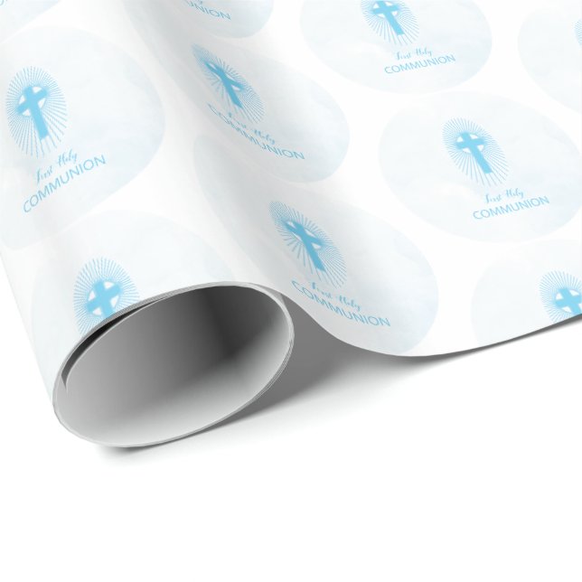 Papier Cadeau Personnalisez, Croix de première communion Blue Bo (Coin rond)