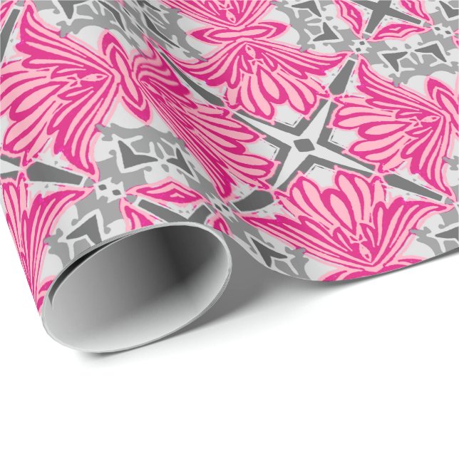 Papier Cadeau Pétales de fleurs Abstraites Fuchsia rose et gris (Coin rond)