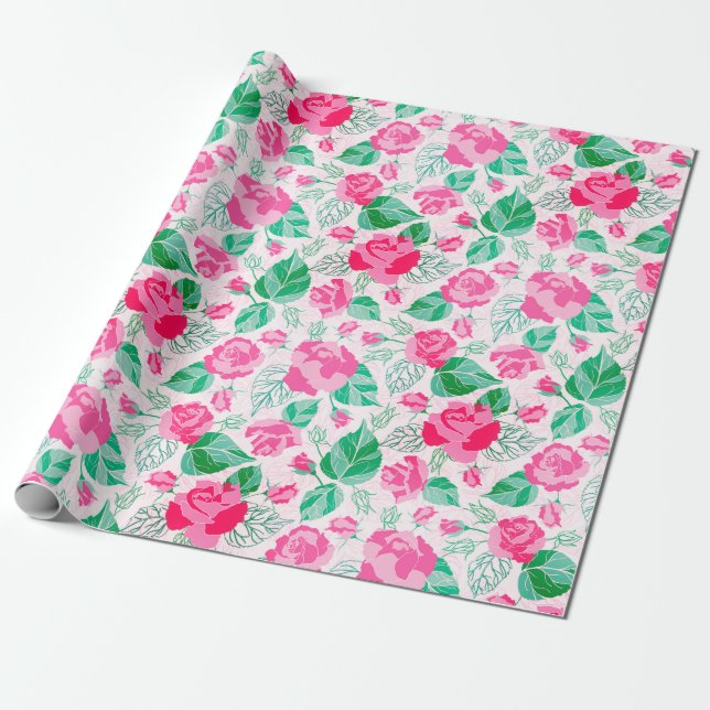 Papier Cadeau Pétales de rose verts roses Fleurs Jardin Mariage (Déroulé)