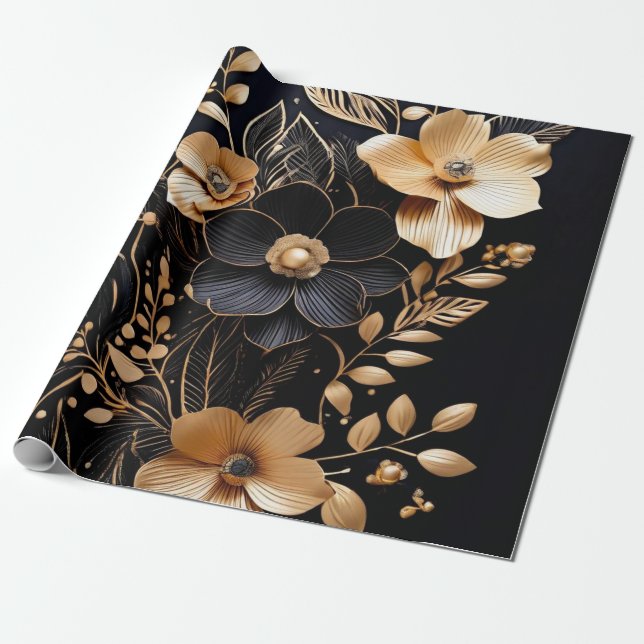 Papier Cadeau Pétales d'or : Floral sur Noir (Déroulé)