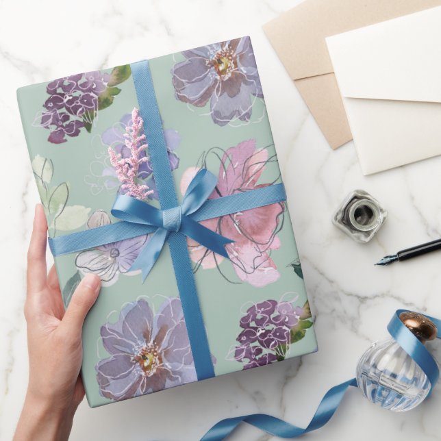 Papier Cadeau Pétales roses violettes Fond vert menthe (Cadeaux)