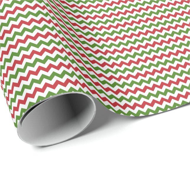 Papier Cadeau Petit Chevron rouge foncé, vert et blanc (Coin rond)