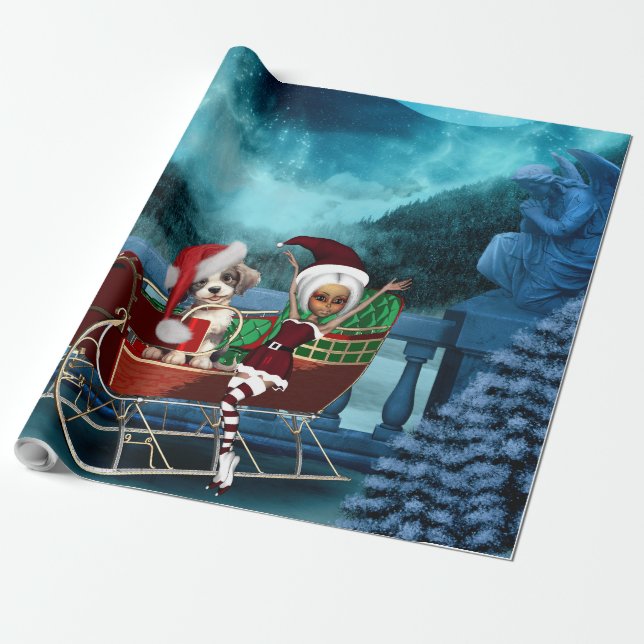 Papier Cadeau Petit chiot et elfe de Noël (Déroulé)