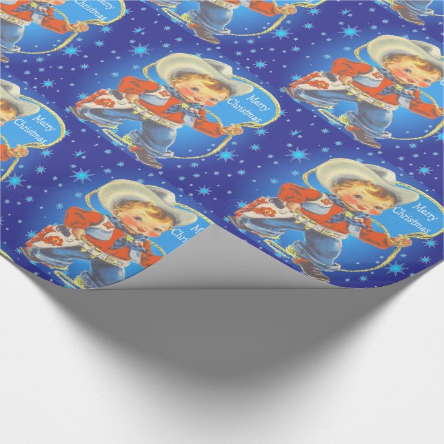 Papier Cadeau Petit Cowboy Rétro Avec Corde Joyeux Noël (Coin)