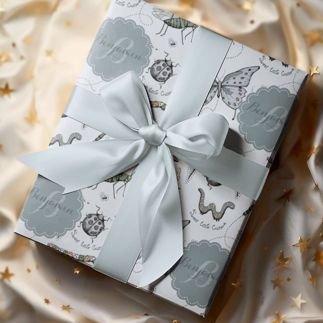 Papier Cadeau Petit Critère Bleu Bébé Bugs Insects Enfants (Cute Pink Baby Boy Hand-Drawn Insects Bugs Pattern, Personalized with Baby Boy's Name & Monogram.)