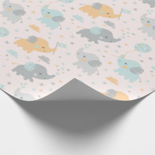 Papier Cadeau Petit Eléphants mignon gris orange menthe