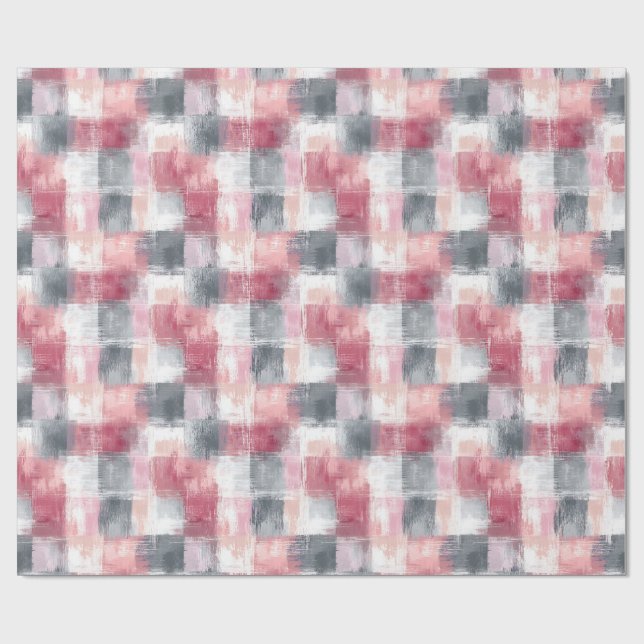 Papier Cadeau Petit Gingham Abstrait Rose et Gris (Plat)