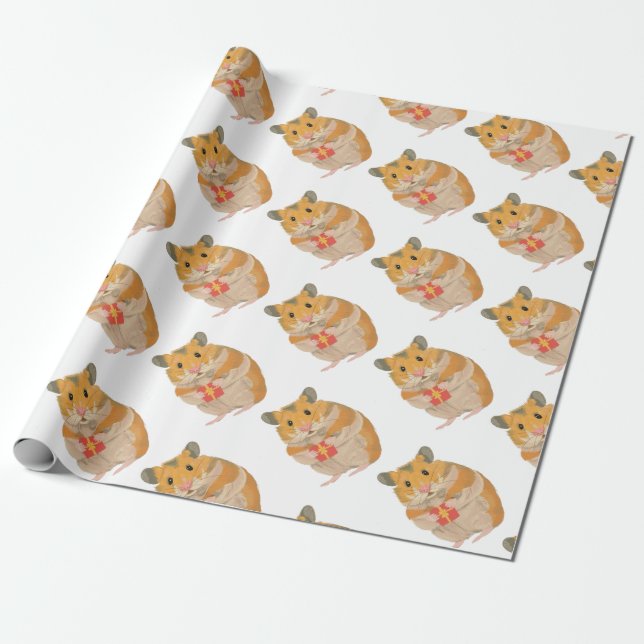 Papier Cadeau Petit Hamster mignon tenant un cadeau de Noël (Déroulé)