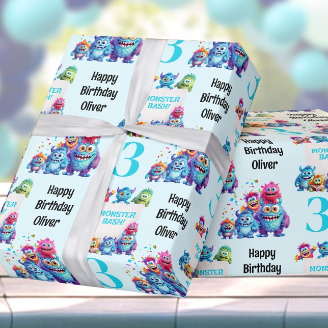 Papier Cadeau Petit Monster Garçon coloré Anniversaire (Little Monster Boy Colorful Birthday Wrapping Paper)