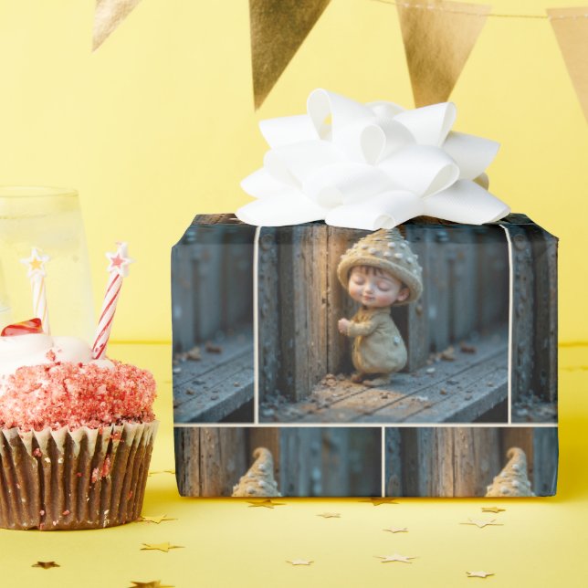 Papier Cadeau Petit Munchkin timide debout près d'une porte (Fête d'anniversaire)