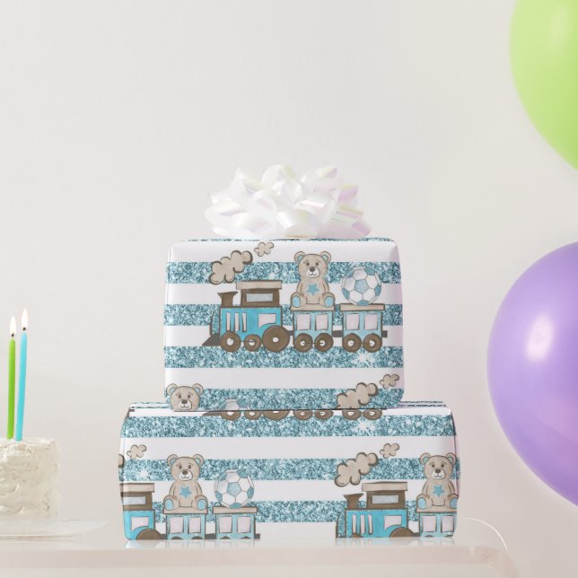 Papier Cadeau Petit ours en peluche bébé garçon douche bleu (Cadeaux de fête)