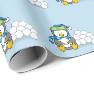 Papier Cadeau Petit pingouin assis avec boules de neige envelopp