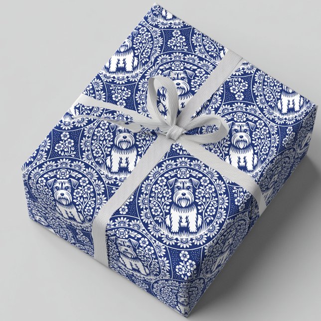 Papier Cadeau Petit Schnauzer mignon dans un jardin fleuri (Background color is customizable)