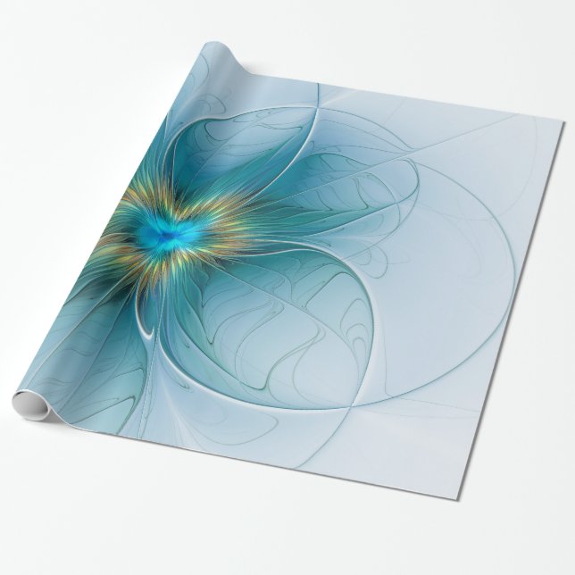 Papier Cadeau Petite Beauté Moderne Bleu Or Fractal Art Flower (Déroulé)