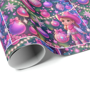 Papier Cadeau Petite Femme Devant Les Arbres Noël