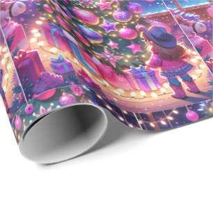 Papier Cadeau Petite Femme Devant Les Arbres Noël