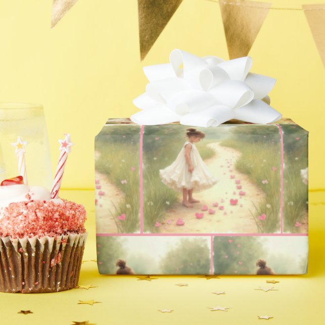 Papier Cadeau Petite fille aux coeurs roses sur un chemin droit (Fête d'anniversaire)