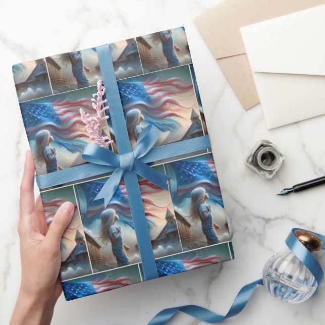 Papier Cadeau Petite fille avec drapeau américain (Cadeaux)