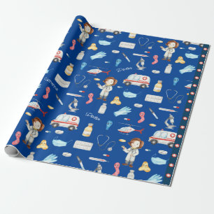 Papier Cadeau Petite fille docteur Motif Médicale avec nom, bleu