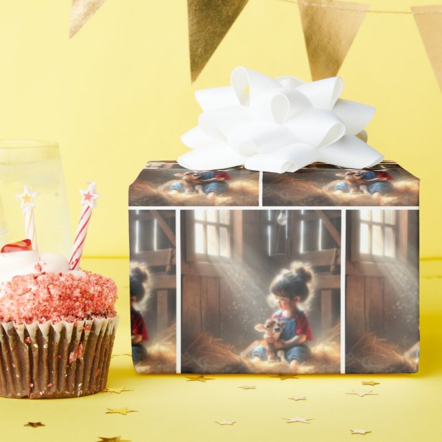 Papier Cadeau Petite Fille En Grange Avec Veau (Fête d'anniversaire)