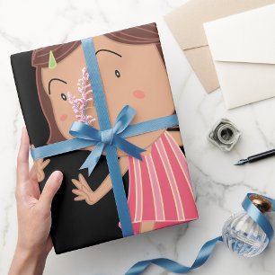 Papier Cadeau Petite Fille Fantaisiste en Robe Rayée Rose