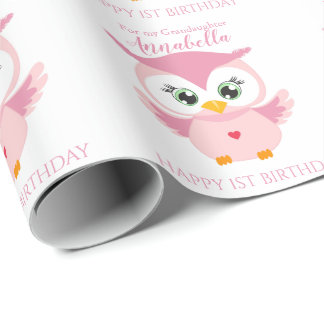 Papier Cadeau Petite-fille Premier Anniversaire Chouette Rose Mi