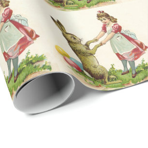 Papier Cadeau Petite fille vintage Danse avec lapin Oeuf de Pâq
