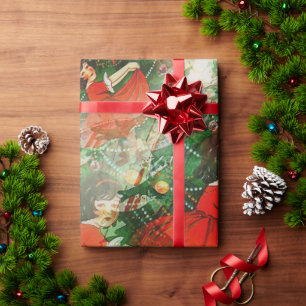 Papier Cadeau Petite Fille Vintage en Robe Rouge & Sapin de Noël