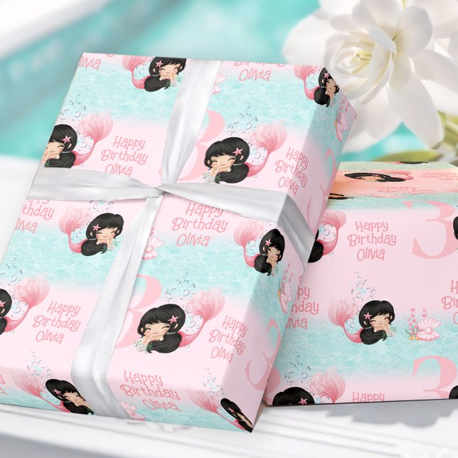 Papier Cadeau Petite Sirène Cheveux foncé rose fille (Little Mermaid Dark Hair Pink Girl Wrapping Paper)