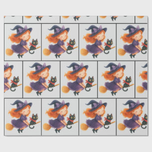 Papier Cadeau Petite Sorcière Chat Volant Fille Halloween Baby S