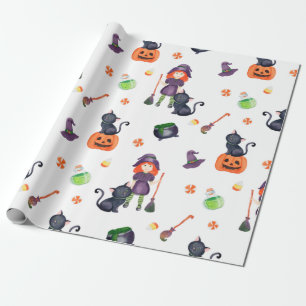 Papier Cadeau Petite sorcière d'Halloween, chat noir et mignonne
