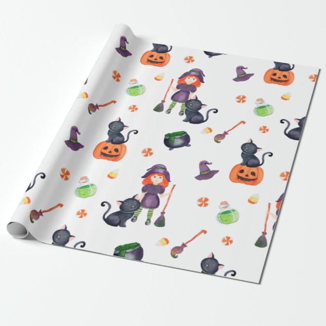 Papier Cadeau Petite sorcière d'Halloween, chat noir et mignonne (Déroulé)