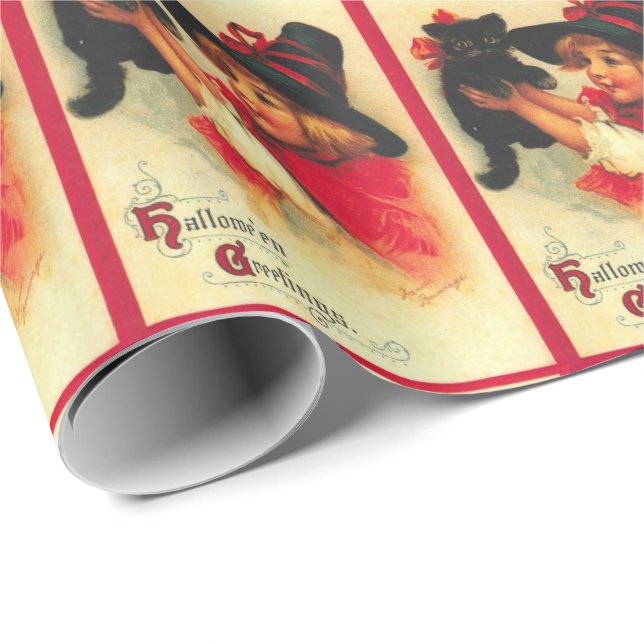 Papier Cadeau Petite sorcière vintage avec Kitty (Coin rond)