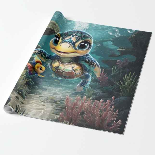 Papier Cadeau Petite tortue de mer à explorer avec son ami. (Déroulé)