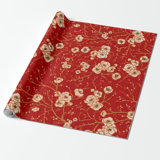 Papier Cadeau Petites fleurs sur motif rouge (Déroulé)