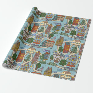 Papier Cadeau petites maisons de ville motif 