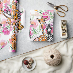 Papier Cadeau Petits amis Safari, girafe, zèbre, tigre