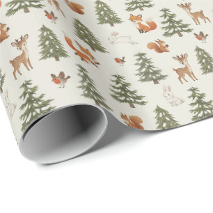 Papier Cadeau Petits Animaux de la Forêt de Bois en Hiver pour N