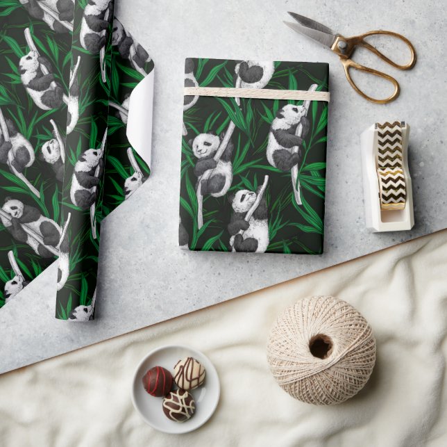 Papier Cadeau Petits panda sur vert foncé (Artisanat)