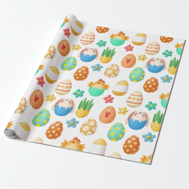 Papier Cadeau Petits poulets de Pâques, lapins et oeufs (Déroulé)