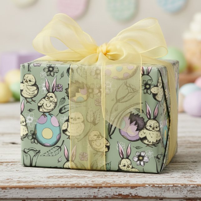Papier Cadeau Petits poussins de Pâques et oreilles de lapin, oe (Cute Easter Chicks Wrapping Paper with Rabbit Ears & Colorful Eggs for Kids Easter Baskets, Egg Hunt)