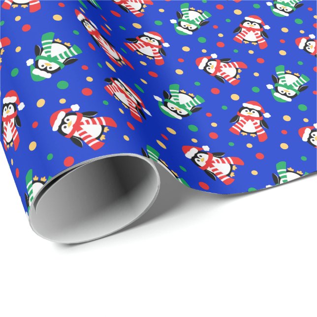 Papier Cadeau Peu d'enfants mignons de pingouins de Noël bleus (Coin rond)