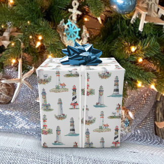 Papier Cadeau Phare de Noël nautique Blanc
