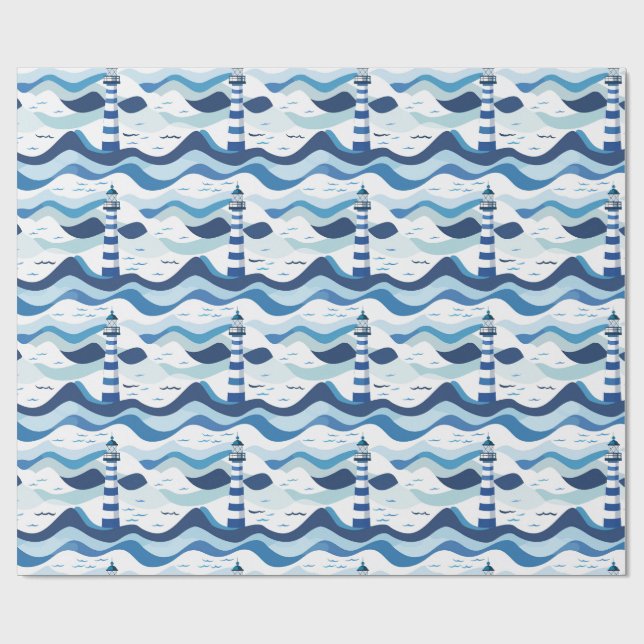 Papier Cadeau Phare nautique bleu et blanc  (Plat)
