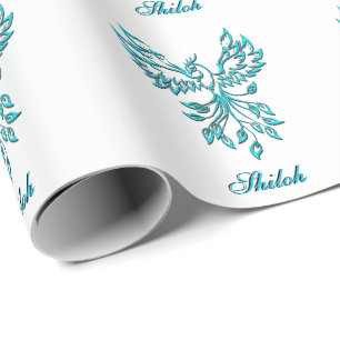 Papier Cadeau Phoenix bleu turquoise avec nom sur Blanc personne