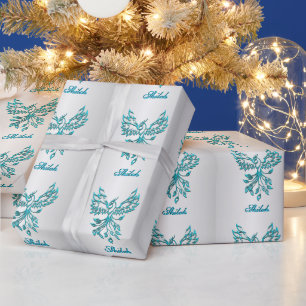 Papier Cadeau Phoenix bleu turquoise avec nom sur Silver Persona
