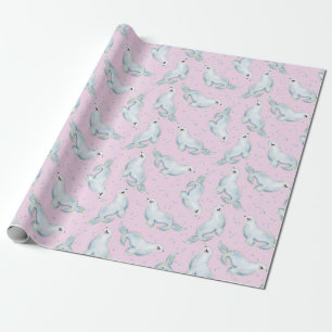 Papier Cadeau Phoque de Charme Animaux de l'océan en rose pastel