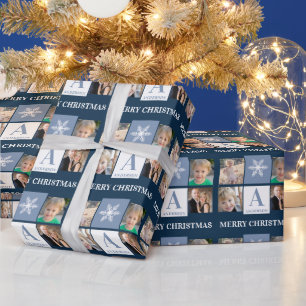 Papier Cadeau Photo 4 du bleu   de monogramme de flocon de neige