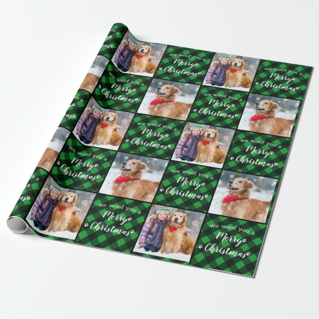 Papier Cadeau Photo Animaux de compagnie Green Buffalo Plaid Woo (Déroulé)
